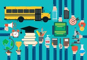Back to school concept design flat set with school bus and school supplies. Flat school icon vector