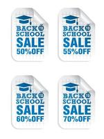 Back to school sale white stickers set with blue text 50, 55, 60, 70 percent off vector