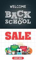 Welcome back to school sale. Back to school sale concept design flat poster with school supplies. School ico vector