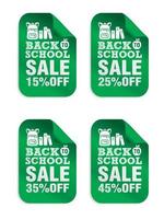 Back to school sale green stickers set 15, 25, 35, 45 percent off with microscope school bag vector