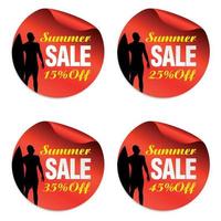 Summer red sale stickers set 15, 25, 35, 45 percent off with surfer vector