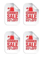 Summer sale white stickers set with shopping package and palm red icon . Sale stickers 50, 60, 70, 80 percent off vector