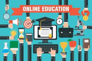 Flat design concepts online education, e-learning with computer vector