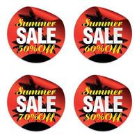 Summer red sale stickers set 50, 60, 70, 80 percent off with island with palm trees vector