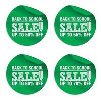Back to school green sale stickers set up to 50, 55, 60, 70 percent off vector