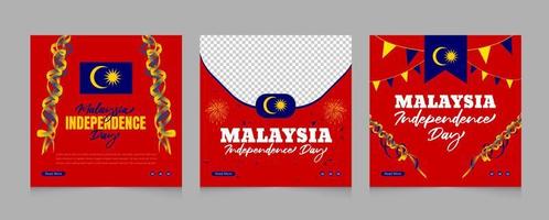 Malaysia Independence day with colorful ribbon and geometric social media post banner template design vector