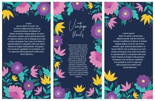 Set of vertical floral banners, templates, prints, invitations, cards with copy space on blue background. EPS 10 vector