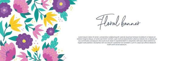 horizontal banner with abstract flowers and leaves. Good for templates with copy space, invitations, social media cover, posters, prints, cards, leaflets, broshures, etc. EPS 10 vector