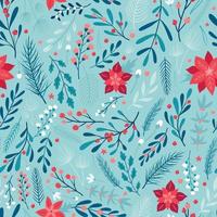Christmas seamless pattern with floral elements and flowers on blue background. Good for prints, cards, backgrounds, wallpaper, scrapbooking, stationary, wrapping paper, etc. EPS 10 vector