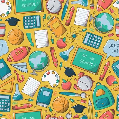 School seamless pattern with doodles, school supplies, stationary. Good for wrapping paper, scrapbooking, stationary, wallpaper, kids textile, etc. EPS 10