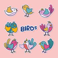 Lindo doodle pájaros pegatinas colores planos vector