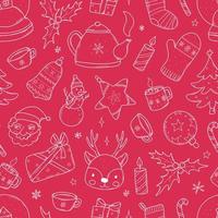 Christmas seamless pattern with sketched white doodles on red background. Good for posters, prints, wrapping paper, scrapbooking, wallpaper, backgrounds, stationary. EPS 10 vector