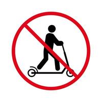 hombre en kick scooter prohibición icono de silueta negra. persona prohibida en el pictograma trotinette. símbolo de parada de rueda de empuje macho. precaución no se permite la entrada con la señal de transporte del asa. ilustración vectorial aislada. vector