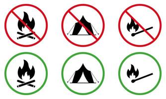 Conjunto de iconos de silueta negra de zona permitida para fuego de camping. pictograma de fogata prohibido. símbolo de círculo de parada de llama. zona de ocio de seguridad señal verde. Prohibir la hoguera de fósforos. ilustración vectorial aislada. vector