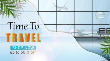 Vector travel banner. Voyage tourist background with airport waiting area.