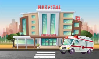 Vector cartoon style flat illustration of hospital building and emergency ambulance. Isolated on white background.