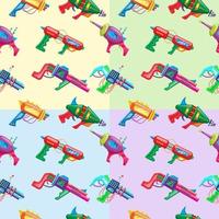 Four color vector cartoon style seamless pattern of kids colorful blasters.