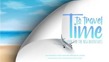 Time to travel banner with airplane in the sky and realistic beach with sand and ocean waves from top view. vector