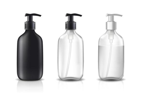 3d realistic vector cosmetic bottles in black, white and transparent glass.
