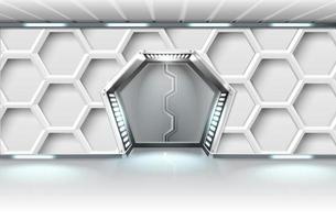 3d realistic vector illustration banner. White sci-fi sliding spaceship metal hexagonal doors with lightning.