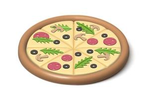 icono realista en 3D. pizza con rúcula y champiñones y salame. aislado sobre fondo blanco. vector