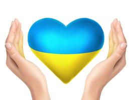 3d realistic vector icon. Ukrainian peace flag in shape of heart with realistic hands holding it.