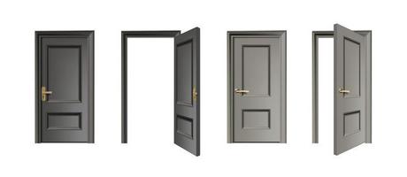 Conjunto de iconos vectoriales realistas en 3D. colección de entrada de conjunto de puerta con puertas cerradas y abiertas. vector