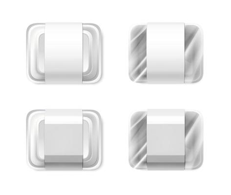3d realistic vector icon. Food container mockup. White plastic box with transparent film. Isolated on white background.