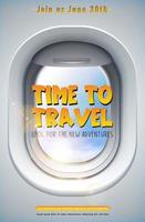 Vector time to travel banner with plane window and sky.