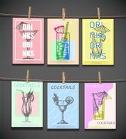 Vector templates of bar menu leaflets of cocktails hanging on the rope.