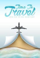 Time to travel banner with airplane in the sky and realistic beach with sand and ocean waves from top view. vector