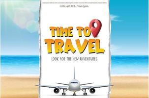 Vector time to travel tourist banner. With beach and airplane that cuts paper.