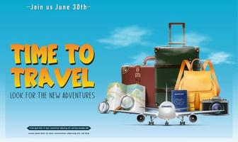 banner o afiche de concepto de viaje vectorial realista con elementos turísticos, equipaje, mapa, pasaporte, avión.