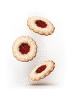 3d realistic vector icon. Linzer cookies falling with icing sugar. Baking cookies.