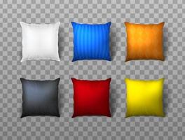 Conjunto de iconos vectoriales realistas en 3D. almohada cuadrada con estampados y diferentes colores. vector