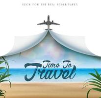 Time to travel realistic vector banner with white copy space and airplane and tropical beach view with leaves, plants and beach with sand and ocean.