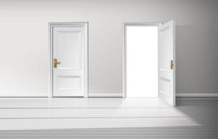 3d realistic vector illustration background. Closed and open white wooden door with golden handle.