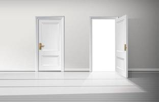 3d realistic vector illustration background. Closed and open white wooden door with golden handle.