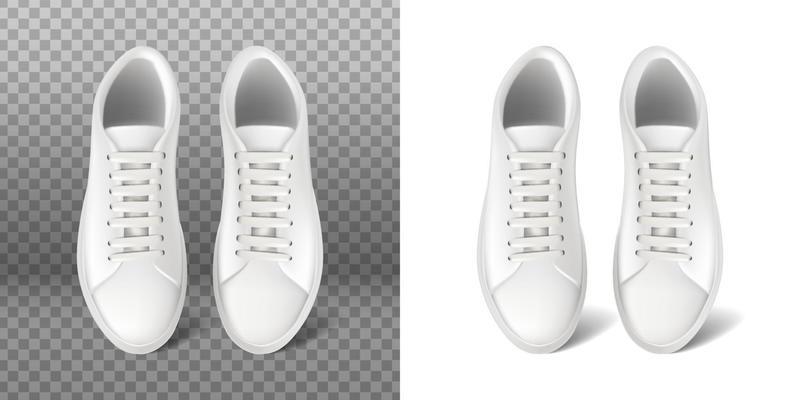3d realistic vector icon. White running sneakers with lace. Sport shoes. Isolated on white and transparent background.