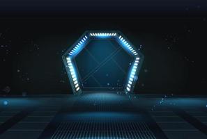 3d realistic vector illustration banner. Sliding hexagonal opening doors with neon lights and corridor.