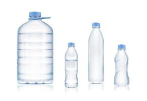 Conjunto de iconos vectoriales realistas en 3D. colección de botellas de plástico. grandes, pequeños y de diferentes formas. vector