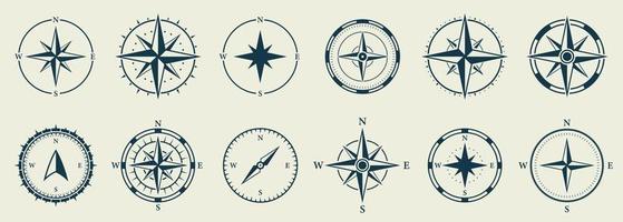 Windrose Silhouette Icon Set. Compass Nautical Navigator Cartography Glyph Pictogram. Rose Wind Navigator Icon. Adventure Direction to North South West East Sign. Isolated Vector Illustration