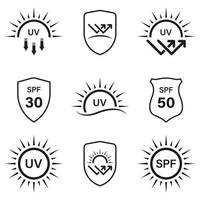 conjunto de iconos de línea spf de protección solar uv. Protector solar que protege la piel de los rayos de radiación ultravioleta pictograma lineal. el bloque refleja el icono de contorno de las flechas de rayos de luz solar. ilustración vectorial aislada vector