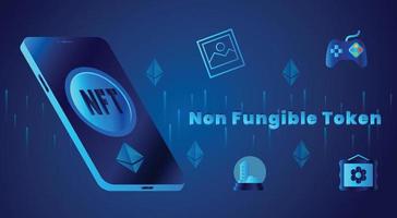 Non Fungible Token NFT futuristic technology concept design with smartphone free vector illustration