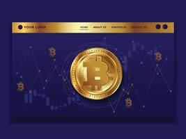 Golden Bitcoin BTC crypto currency coin with financial graph website landing page UI design free vector illustration
