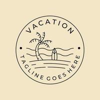 vacaciones playa surf línea arte insignia logo vector diseño minimalista