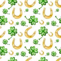 Vector seamless patter of good luck, with horseshoe and clever leaves.