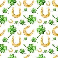 Vector seamless patter of good luck, with horseshoe and clever leaves.