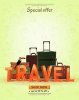 Vector travel banner with hand drawn elements. Summer trip time to travel concept background with luggage.