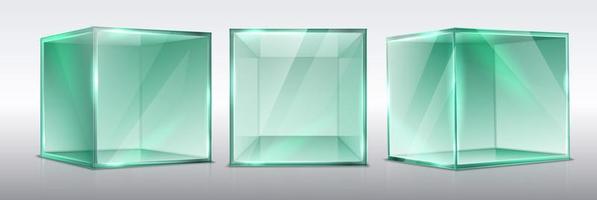 3d realistic vector set of transparent glass presentation cubes, isolated.